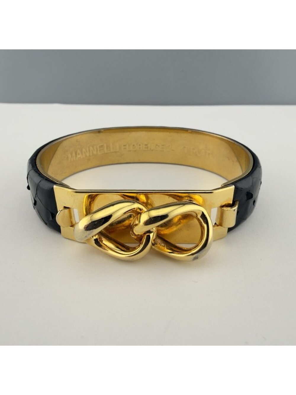 Mannelli Florence Italy Bracelet 24K Gold Plated Black Snakeskin Cuff 6" Bangle